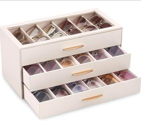 Sunglasses Organizer Case for Women, Eyeglass Storage Holder Display Box with Clear Top Lid