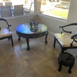 Antique Oriental Seating Set (4 Pieces, table, 2 Chairs, Ottoman, Flower Pot Stand)