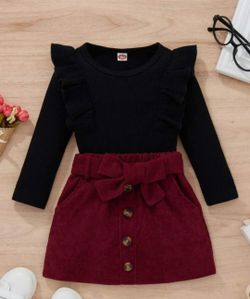 Size (1-2Y) Toddler Girls Ribbed Knit Ruffle Trim Top & Belted Skirt