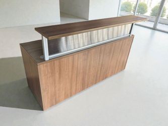Modern Walnut Reception Desk with Frost Glazed Panel – Floor Model 📦 Florida