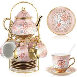 Zhehao 20 Pcs Porcelain Tea Set With Metal Holder And Spoon Adult Ceramic Tea Set European Flower Painting Teapot Cup Saucer Spoon For Women, Large Ve