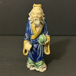 Vintage 4 1/8” Tall Chinese Handcrafted Mud(?) Man Figurine Holding Pot(?)
