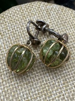 Vintage Goldstone Drop Earrings With Green Natural Stone, Screw-back.