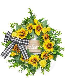 New Sunflowers Wreath for Front Door, 20" Spring Summer Wreaths with Yellow Blooms and Bow, Welcome Sign Wreath for Farmhouse Indoor Outdoor Porch Wal