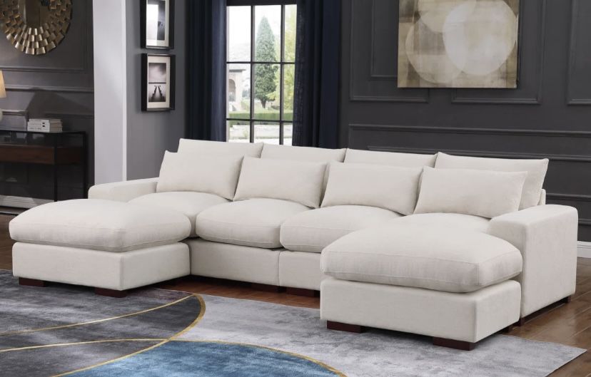 Large Beige Sectional Sofa with Chaise + Ottoman – 123” Modular Couch
