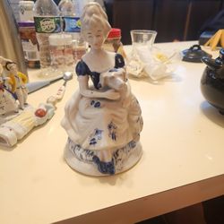 Vintage Porcelain Blue & White Colonial Lady Figurine with Dog