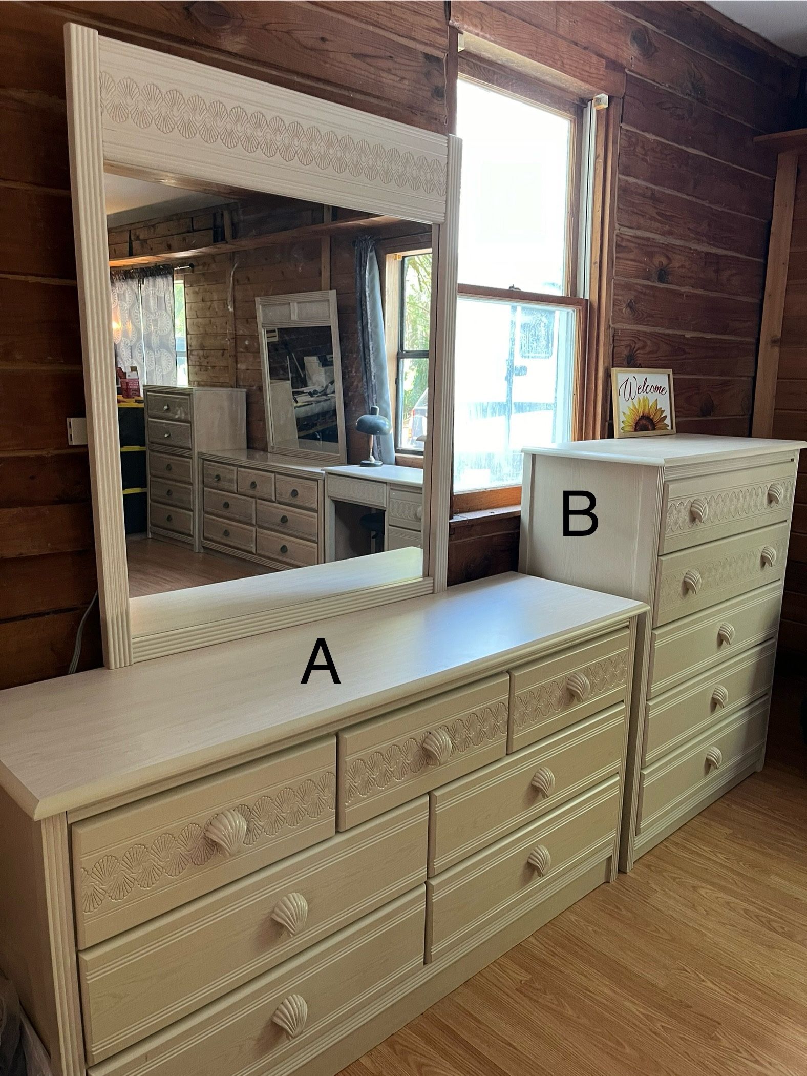 2 Dresser sets 5 Pieces solid Wood White Wash Shell Pattern