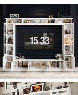 FUFU&GAGA 4-Piece White Wood Entertainment Center TV Stand with Tempered Glass Doors, TV Console, Bookshelves for TVs up to 73 in