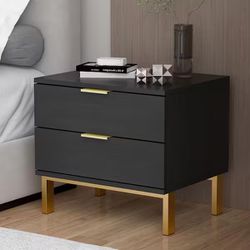 Set Of Two 2-Drawer Black Wooden Nightstand Bedside Table With 4 Metal Legs 