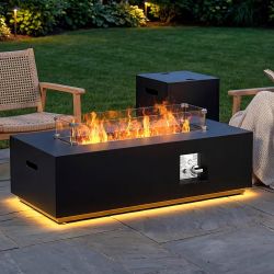 42" Rectangular Outdoor Propane Fire Pit Table with LED for Outside Patio 50,000 BTU Outdoor Fireplace Firepit Table w Tank Table, No Assembly Gas Fir