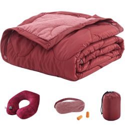  4-in-1 Airplane Essentials-Travel Blanket and Pillow Set for Airplanes - Includes Blanket, Inflatable Pillow, Eye Mask, and Earplugs can