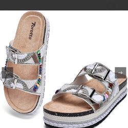 Torotto white double-buckle slide sandals with rhinestone 
