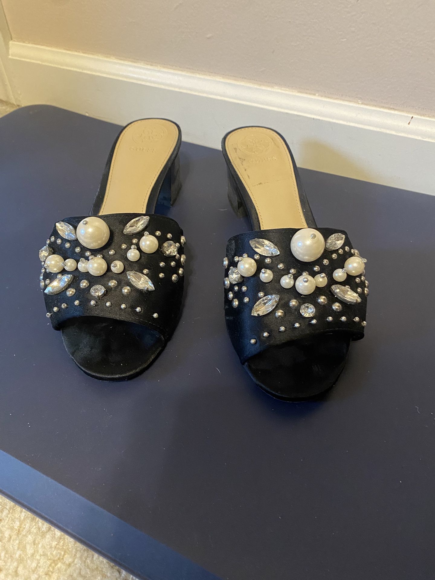 Guess Brand Women’s Black And Jewels Slip On Heels