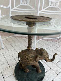 Brass, green marble & clear glass beveled gold metal lucky TRUNK UP ELEPHANT TABLE.  Great Side, End Or Accent Table For Any Room Or Indian Wedding!