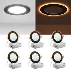 Amico 6 Pack Black 4 Inch 5CCT LED Recessed Ceiling Light with Night Light, 2700K/3000K/3500K/4000K/5000K Selectable Ultra-Thin Lighting, 10W=90W, 700