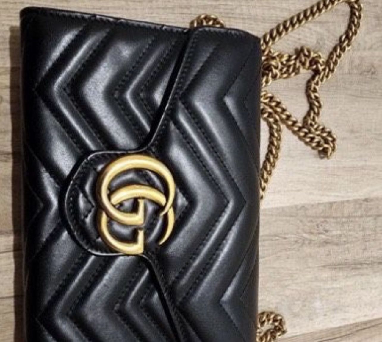 Authentic GG Gucci Marmont Chevron Quilted L Clutch Black With Gold Plated Chain