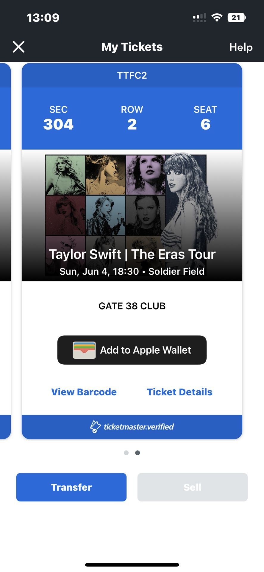 Taylor Swift June 4th TWO Tickets - Section 304 Row 2