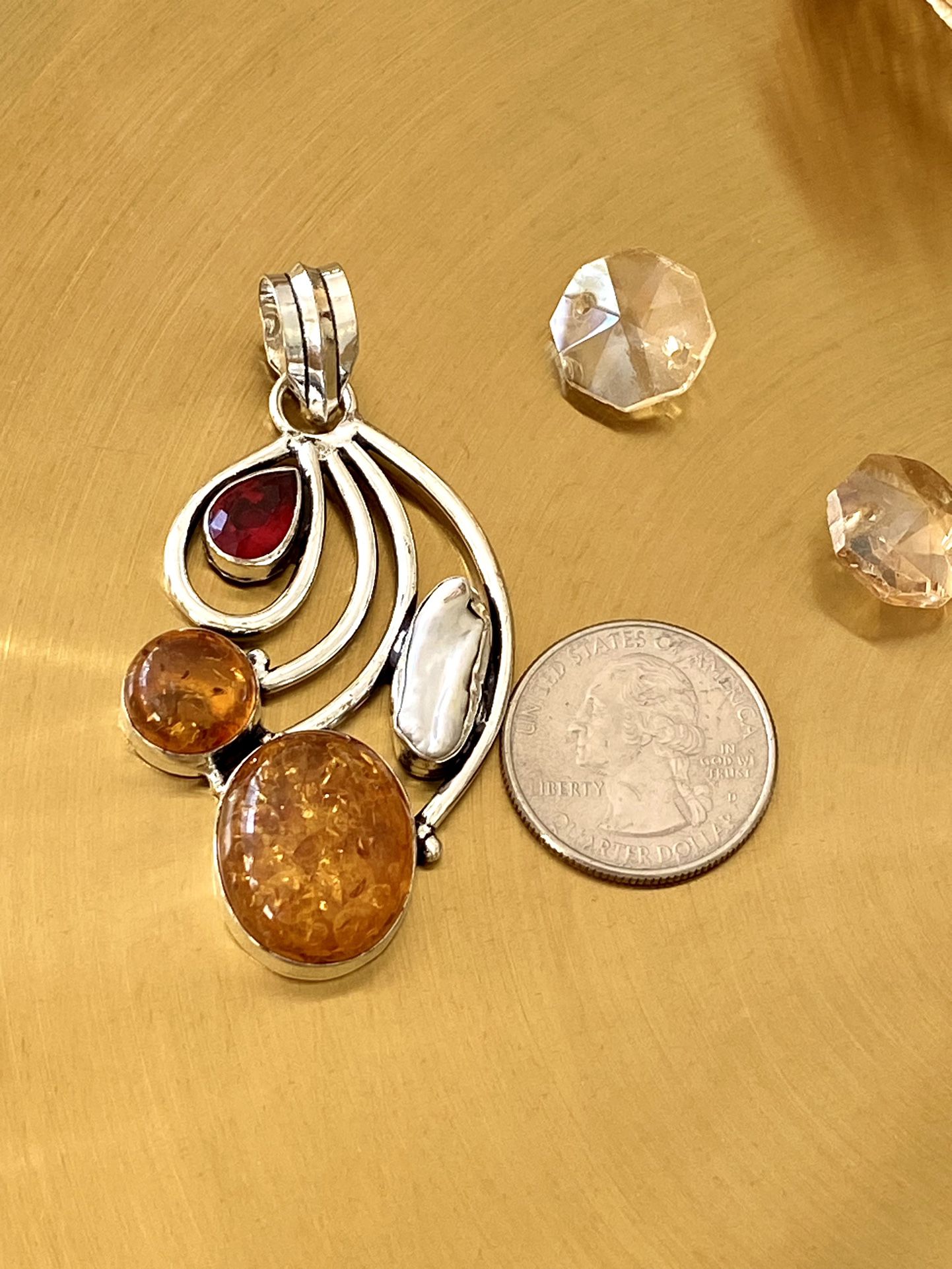 Baltic Amber, Biwa Pearl And Garnet 925 Sterling Silver Overlay Pendant