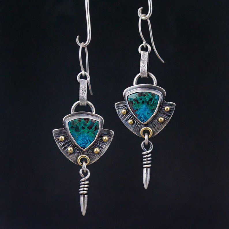 "Vintage Stone Indian Turquoise Silver Ethnic Dangle Earrings for Women, VP1004
 
