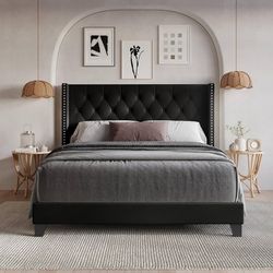 Queen Tufted Wingback Upholstered Panel Bed Frame, Faux Leather Button Tufted Headboard with Nailhead Trim, Solid and Engineered Wood Construction, Bl
