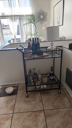 Black Metal Bar Cart with Glass Shelves