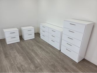 WHITE BEDROOM SET: DRESSER, MIRROR, CHEST AND NIGHTSTANDS