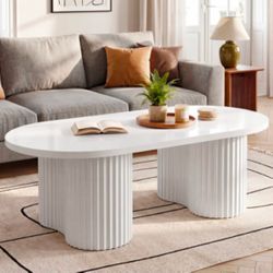 47" Oval Coffee Table with Fluted Base, Modern White Center Table for Living Room, Bedroom & Office