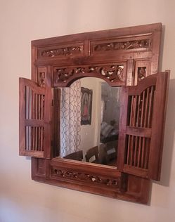 Asian Balinese Carved Teak Shutter Window Wall Mirror