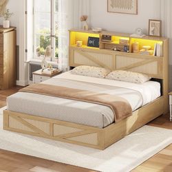 Farmhouse Bed Frame King Size with Bookcase Storage Headboard, Charging Station and LED Lights, Wooden King Bed Frame with 4 Drawers, Barn Door Design