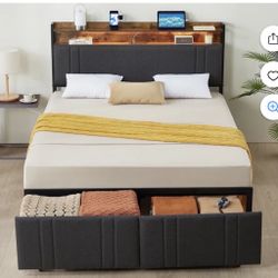 LED Full Size Bed Frame with Storage Headboard & 2 Drawers,Heavy Duty Metal Bed base Upholstered Platform Bedroom Furniture Charging Station Black