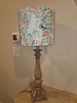 Wood base lamp. H 21",   cover R 11" & H 12"