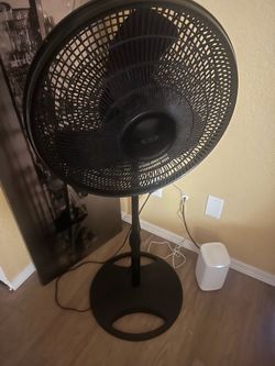 Black pedestal fan in good condition.