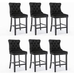  Velvet Bar Stools Modern Upholstered Bar Chairs 27" Seat Height with Button Tufted Solid Wood Legs Counter Stools for Home Bar Dining Room Kitchen (B