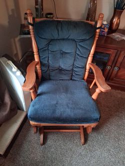 Wood Glider Rocking Chair with Blue Cushions
