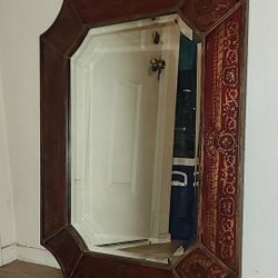 NEW WITH TAGS NWT 32" UTTERMOST ALDRIDGE HAND PAINTED GOLD BURGUNDY RED DAMASK ACCENT TABLE HALL WALL MIRROR