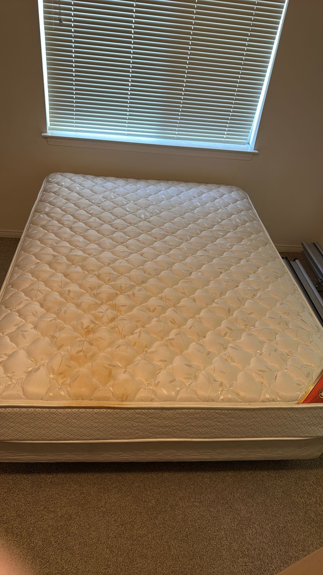 Queen mattress with box spring and frame