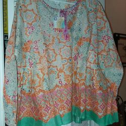 New Sigrid Olsen Indian Print Peasant Blouse Size 18-20