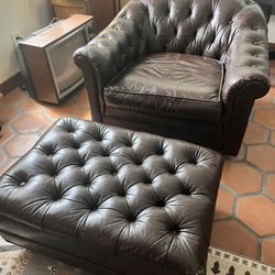 Vintage leather reading chair and ottoman 