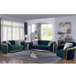 Green Velvet And Gold Sofa Loveseat Chair Stunning Set Brand New In Box Firm Price $3,200