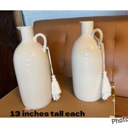 White Ceramic Jug Vases with Tassels – Set of 2