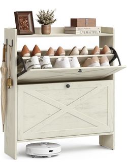 Farmhouse Shoe Cabinet, Engineered Wood Narrow Shoe Storage Organizer with 2 Flip Drawers and Hooks, 32.7 x 9.4 x 40.2 in, White, for Entryway, Hains 