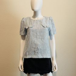 Blue White Tweed Short Sleeve Blouse 
