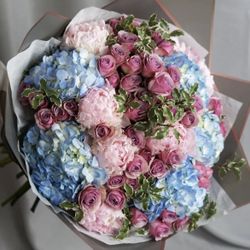 PURE FANTASY - BOUQUET OF PURPLE SPRAY ROSES, PASTEL PEONIES, BLUE HYDRANGEAS