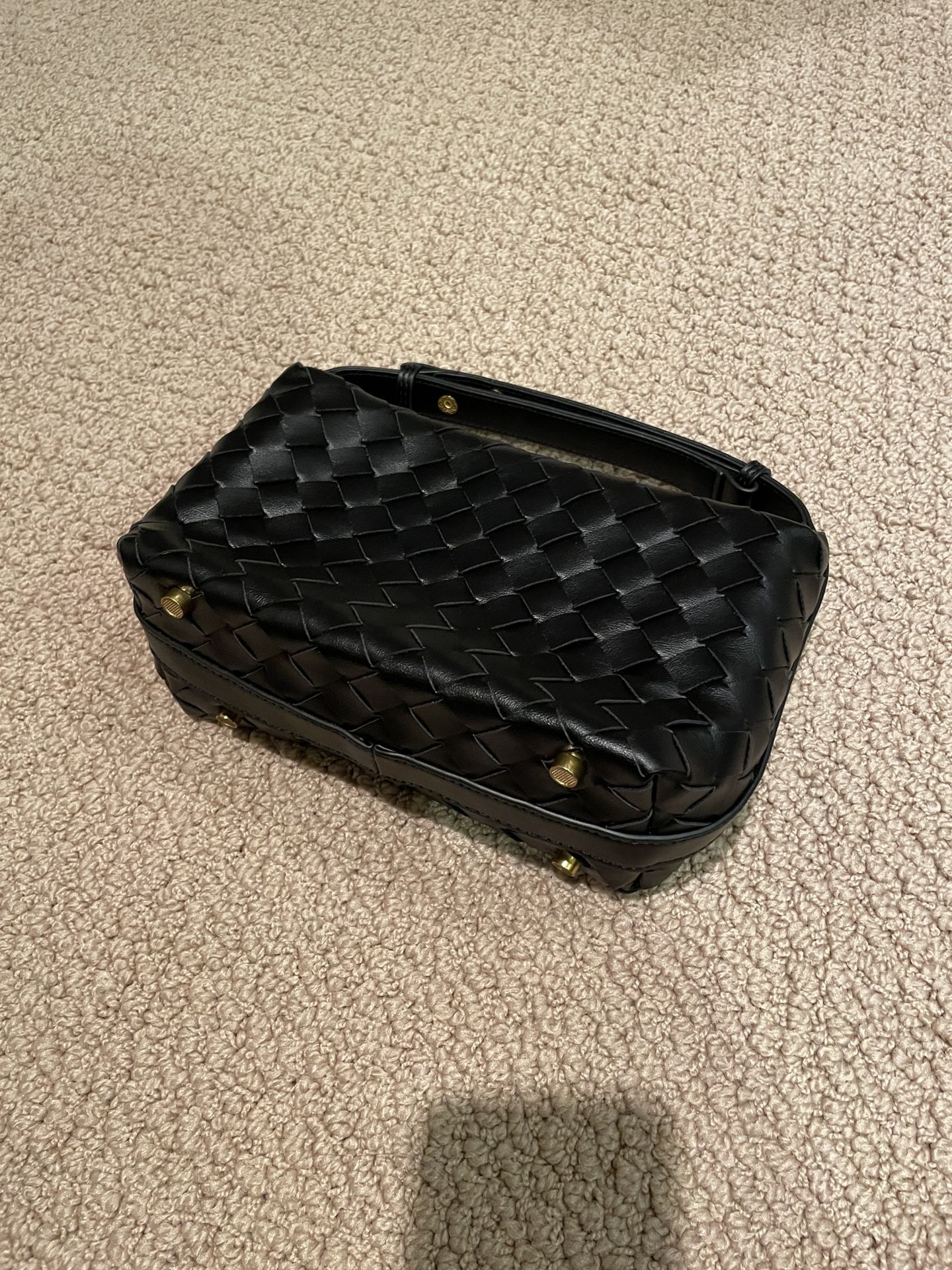 Small Black Woven Hobo Handbag Gold Hardware