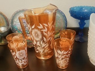 Jeanette marigold carnival pitcher and glasses