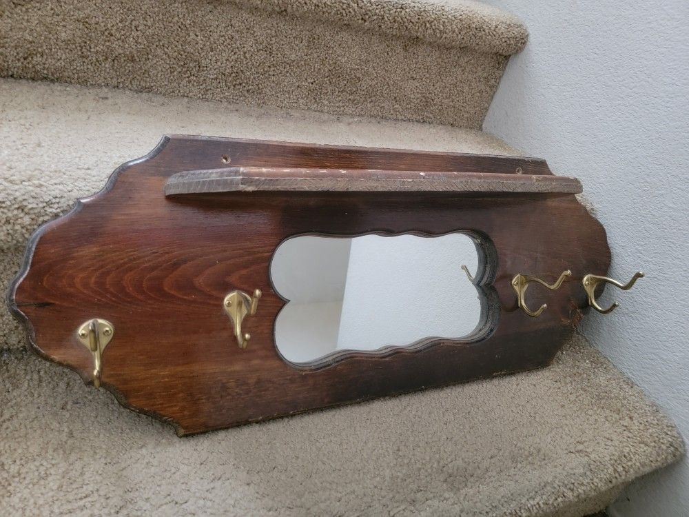 Vintage Hallway Coat Rack Wall Mirror Shelf Wooden