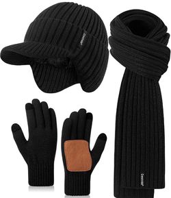 Winter Hat Gloves Scarf Set for Men, Fleece Beanie with Brim & Ear Flaps