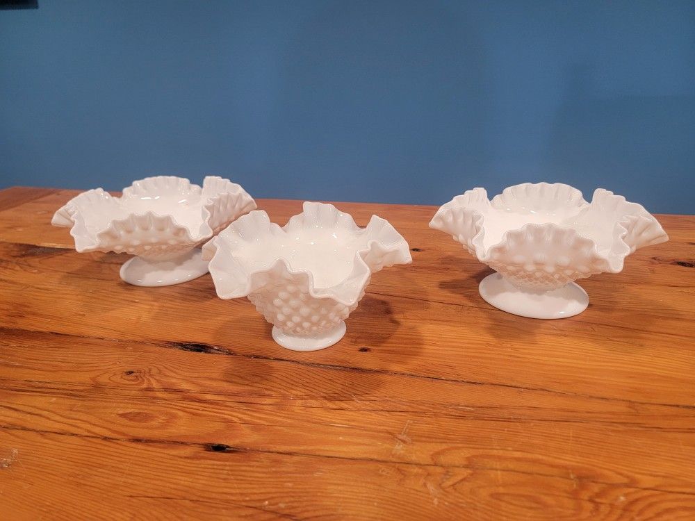 3 Vintage Fenton Hobnail White Milk Glass Bowls Candle Holders Ruffled Edge
