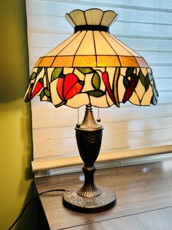 Vintage Tiffany Style Stained Glass Table Lamp with Copper Base