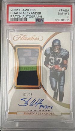 2022 Panini Flawless Shaun Alexander Patch Autograph /15 (PSA 8)